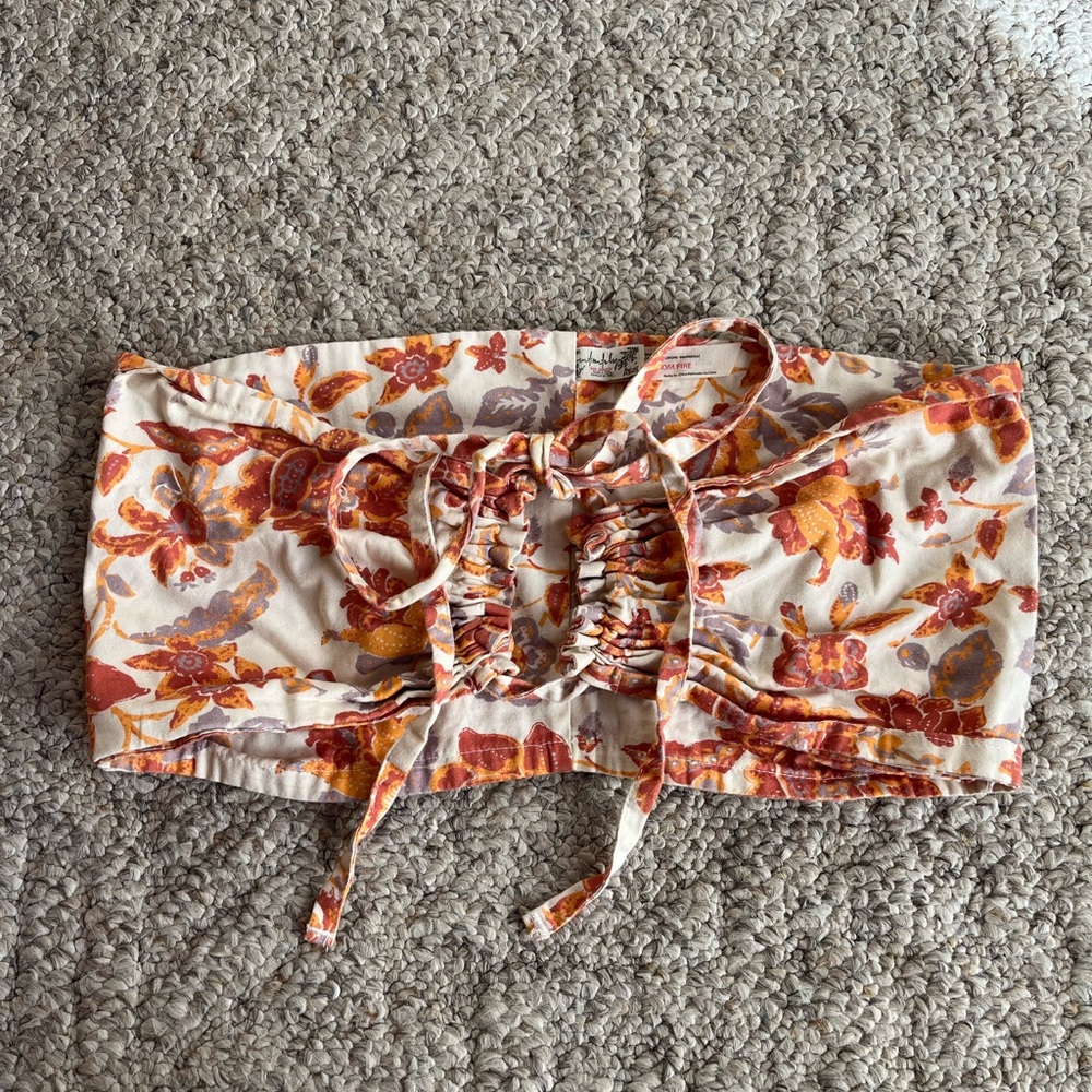 Free People Intimate Floral Lace-Up Bandeau Tube Top - 100% Cottoni